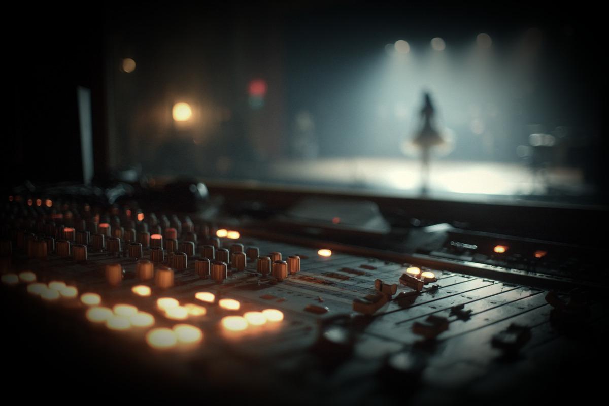 Mixing console with amber-lit sliders. In the distance, a silhouette dances alone under the spotlight — she doesn't know who holds the controls.