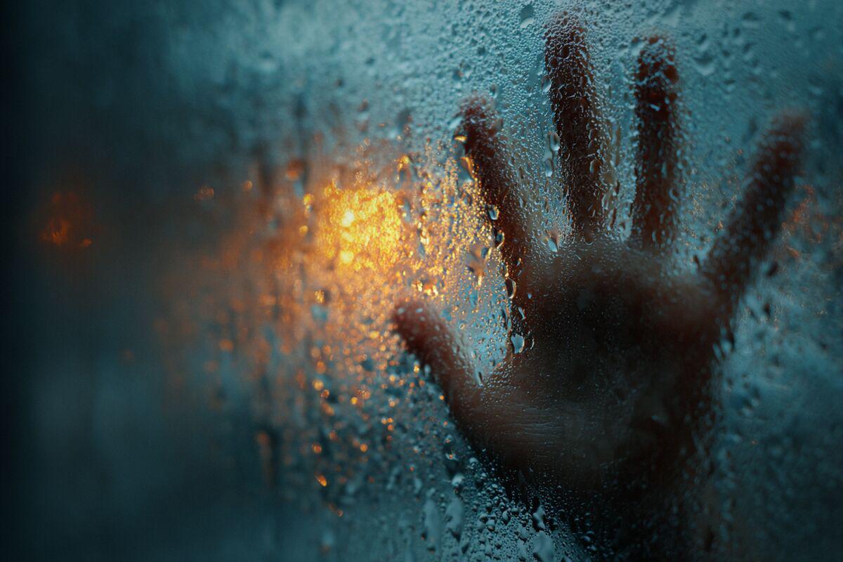 Un'impronta di mano che svanisce sul vetro appannato — la traccia di chi ha chiesto aiuto prima di scomparire nella nebbia digitale.